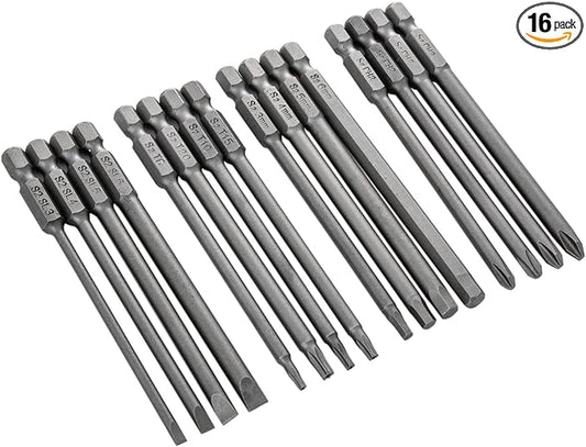 4-in-1 Hex Phillips Slotted Security Torx Long Screwdriver Bits Set with Magnetic 16PCS 1/4 Inch Hex Shank 4 Inch/100 mm Length S2 Steel for Power Screwdriver Drill Impact Driver