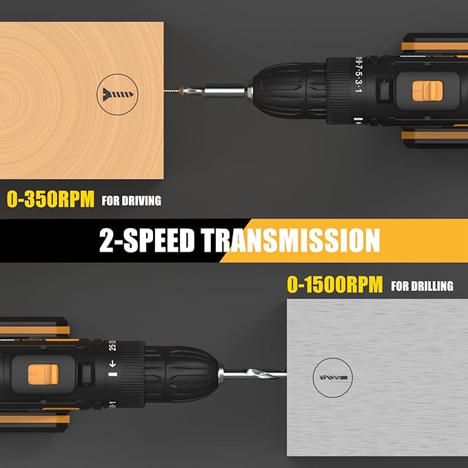 20V Cordless Drill, Power Drill Set with 2 Batteries and Charger,3/8-Inch Chuck Electric Drill Kit with 24-Torque Setting, Drill Driver Bits and Tool Bag Included…