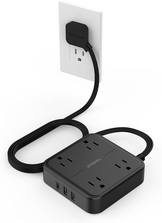 Black Flat Plug Power Strip with 3 USB Ports (1 USB C), TESSAN 4 AC Outlets Surge Protector Extension Cord, 5 FT Small Desk Charging Station with Surge Protection, for Dorm Essentials, Office, Travel