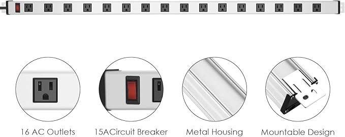 JUNNUJ Long Metal 16 Outlet Power Strip, Wide Spaced Garage Industrial Heavy Duty Power Strip with 10 FT Cord 15A, 125V, 1875W-Silver