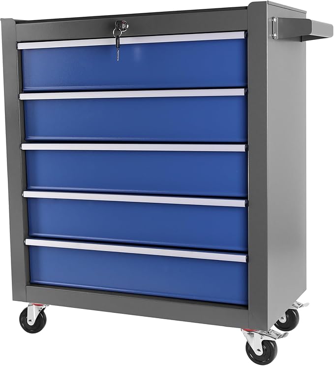 5 Drawers Rolling Tool Chest on Wheels with Keyed Locking System & Drawer Liners Tool Chest with Link Buckle and can be Combined to Large Cabinet Set for Warehouse & Garage,Blue+Grey