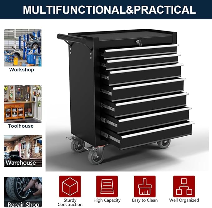 7 Drawer Metal Tool Chest 30 inch,Tool Cart On Wheels with Wheels,Mechanic Tool Cart with Lock and Toolboxes Trays for Garage Tool Storage Cabinet (Black)