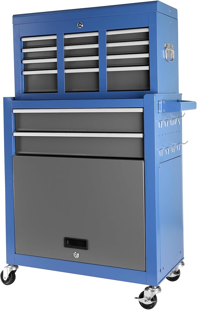 Rolling Tool Chest with Wheels 8 Drawers Assembled Tool Cabinet Combo with Drawers Detachable Organizer Tool Chests Mobile Lockable Tool Box for Workshop Mechanics Garage, Blue+Grey