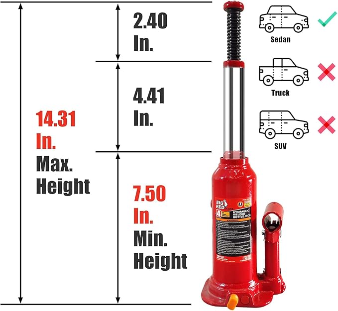 Torin T90413 Big Red Hydraulic Bottle Jack with Carrying Case, 4 Ton (8,000 lb) Capacity