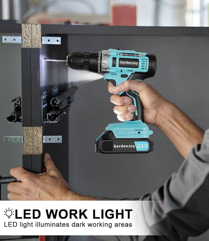 Cordless Power Drill: GardenJoy Cordless Drill 21V Electric Power Drill Set with Battery and Fast Charger, 65pcs Acessories,2 Variable Speed Control,3/8-Inch Keyless Chuck and 24+1 Torque for hardwood