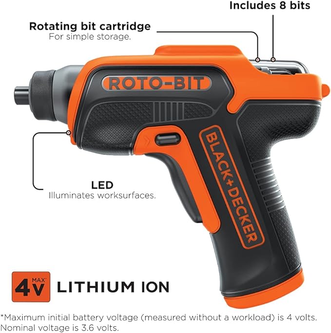 BLACK+DECKER 4V MAX Electric Screwdriver, Cordless, 180 RPM, 8 Bits With Built-In, Storage Compartment, Batteries Included (BDCS50C)