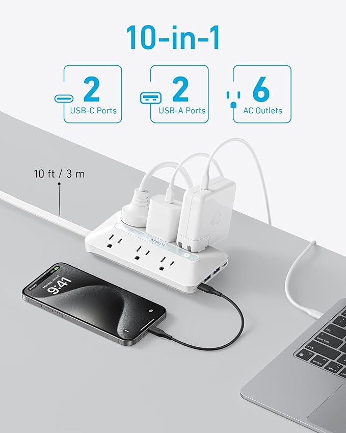 Anker Flat Plug Power Strip(300J), 20W USB C Power Strip, 10-in-1 Ultra Thin Power Strip with 6 AC, 2 USB A/2 USB C,10feet Extension Cord, Desk Charging Station,Home Office College Dorm Essentials