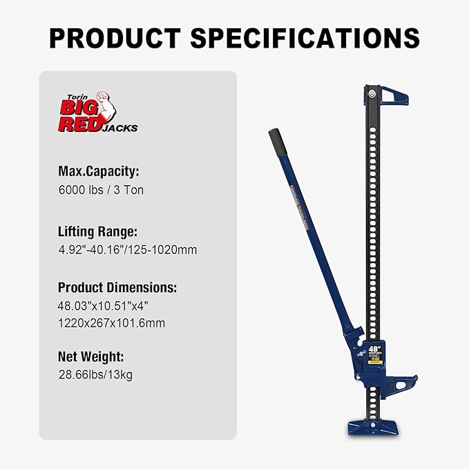 BIG RED ATR6501UR Torin 48" Ratcheting Off Road Utility Farm Jack: 3 Ton (6,000 lb) Capacity, Blue