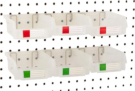 Pegboard Bins - 3.5" Bins, 6 Pack Clear - Hooks to Any Peg Board - Organize Hardware, Accessories, Attachments, Workbench, Garage Storage, Craft Room, Tool Shed, Hobby Supplies, Parts