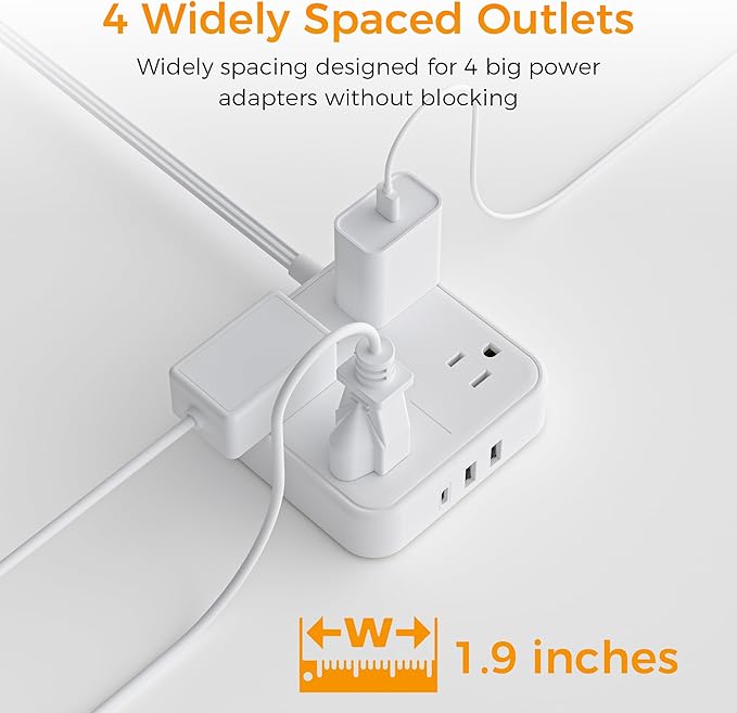 Long Flat Extension Cord 15 ft, TESSAN Surge Protector Power Strip 15 Feet with 4 Outlets 3 USB Ports (1 USB C), 3 Prong Flat Plug Charging Station with Surge Protection, Wall Mount Indoor Essentials