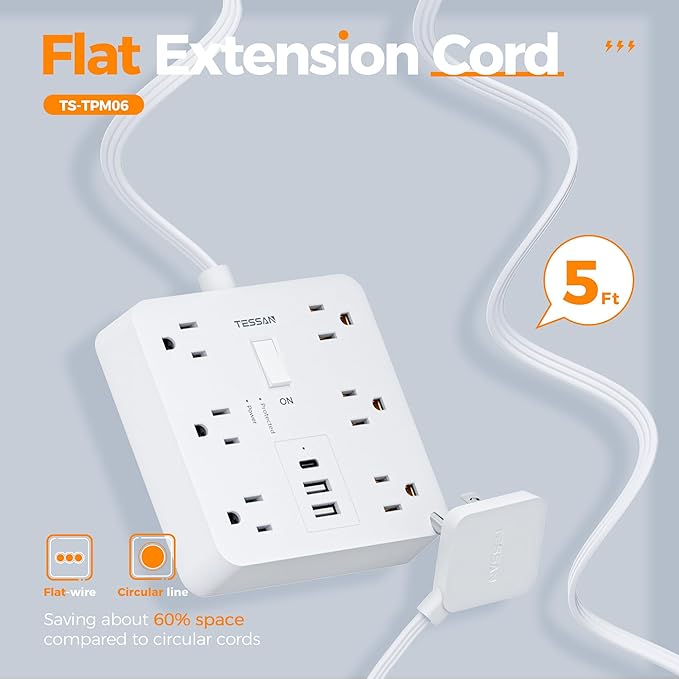 Surge Protector Power Strip with1700 Joules Protection, TESSAN 5FT White Extension Cord with 6 AC Outlets, 3 USB Ports(1 USB C), Multiple Outlets Flat Plug Power Strip, for Home Office Dorm