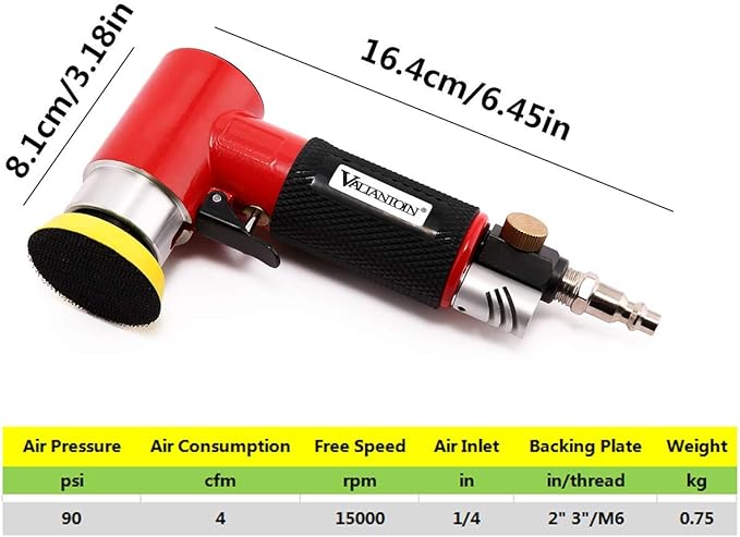 Valianto 2" 3" Mini Air Sander, Pneumatic Sander Random Orbital Eccentric Dual Action Polisher with M6 Thread Plate (2" and 3"),- Adjustable Airflow Valve - US Connector