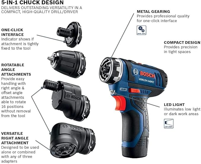 BOSCH 12V Max Cordless Power Drill Driver Kit with 5-In-1 Flexiclick System Multi-Head Drill Set with (2) 2 Ah Batteries (GSR12V-140FCB22)