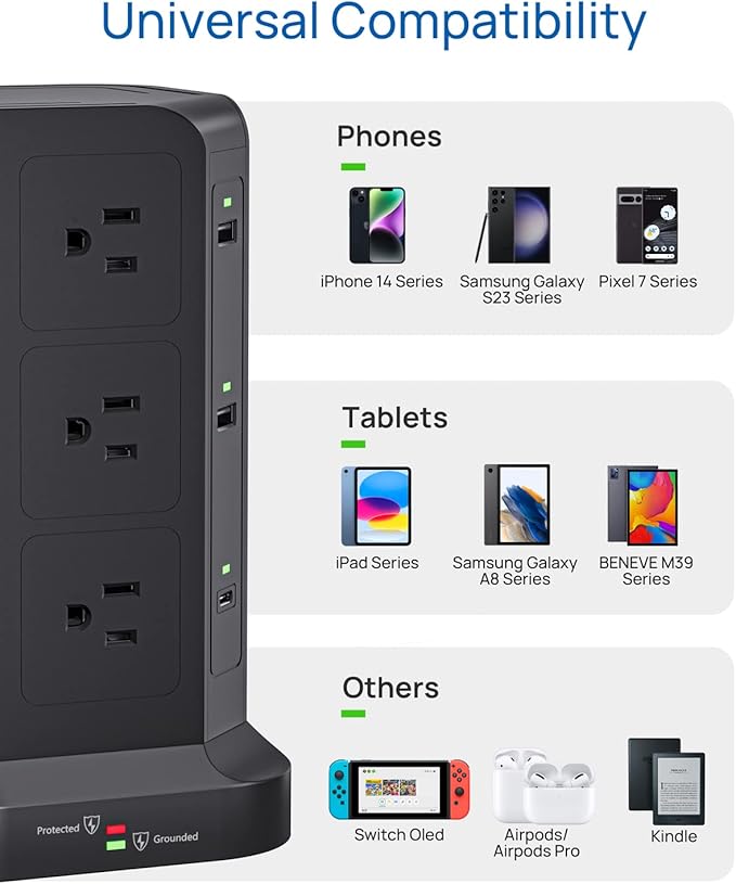 KOOSLA Dual 20W USB-C Power Strip Tower, Surge Protector Power Strip, Power Tower with USB Ports and Widely Spaced AC Outlets,1875W/15A, Charging Tower with 6.5ft Heavy-Duty Extension Cord Black