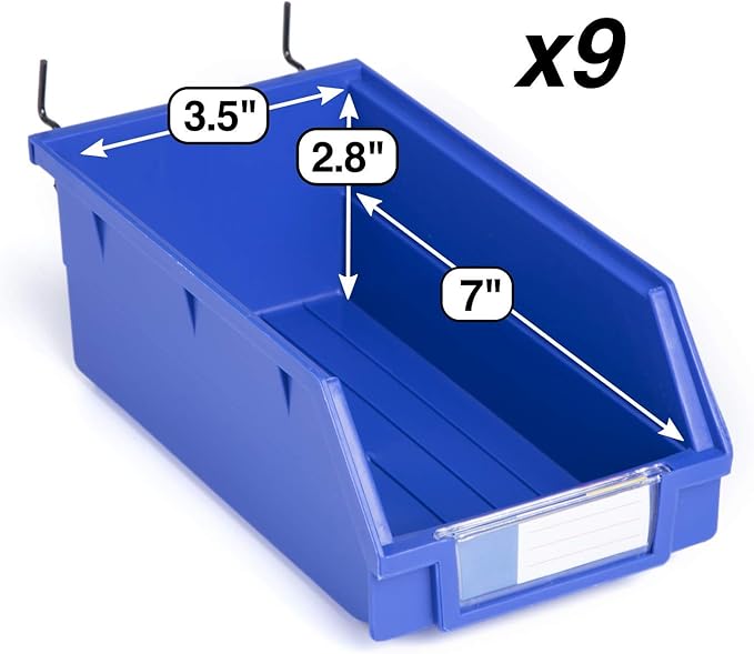 Pegboard Bins – 9 Pack Blue Extra Large - Hooks to Any Peg Board - Organize Hardware, Accessories, Attachments, Workbench, Garage Storage, Craft Room, Tool Shed, Hobby Supplies, Parts