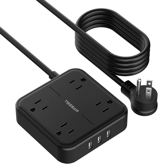 Extension Cord 15 FT, TESSAN Flat Plug Power Strip with Long Cord, 4 Widely Spaced Outlets and 3 USB Ports, Mountable Charging Station for Indoor, Home, Office, School Dorm Room Essentials, Black