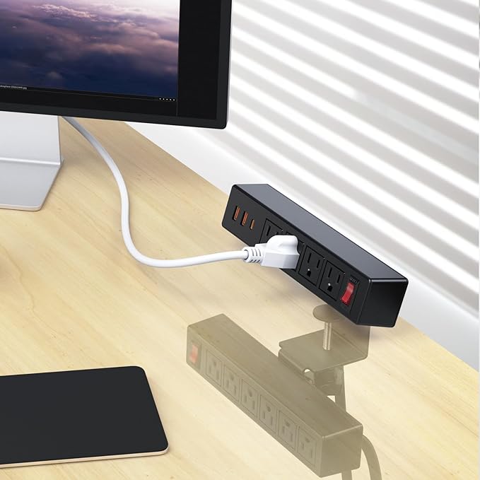 Desk Clamp Power Strip with PD20W USB-C, VILONG 2 in 1 Dual Layer Under Desk Power Strip, Removable Clamp Power Socket with 10AC Outlets & Switch, 6ft Extension Cord