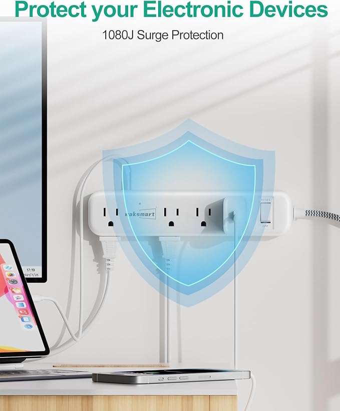 Flat Extension Cord 20 FT Multiple Outlets- Surge Protector Power Strip 8 AC Outlets 3 USB Fast Charge (3.4A 17W) 1080 Joules Long Braided Cord Wall Mountable for Home Office College Dorm 13A 1625W