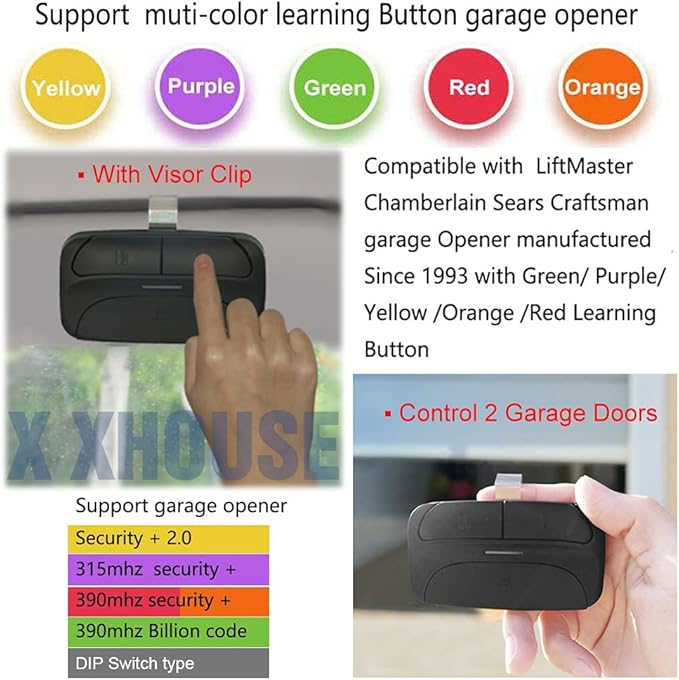 X X-HOUSE Universal Garage Door Remote for Liftmaster Chamberlain Linear Craftsman Genie Opener 300/310/315/318/390Mhz,Support Purple/Yellow/Green/Red/Orange Learn Button and DIP Switch,2 Pack