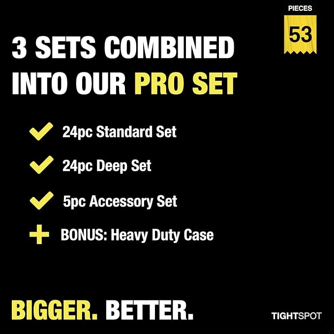 TIGHTSPOT 1/4" Drive 53pc Impact Socket PRO SET, our Most Popular Set Ever with SAE & Metric from 3/16 Inch - 9/16 Inch, 4mm-15mm, Standard/Deep Sockets, Extension Bars, Adapter & More