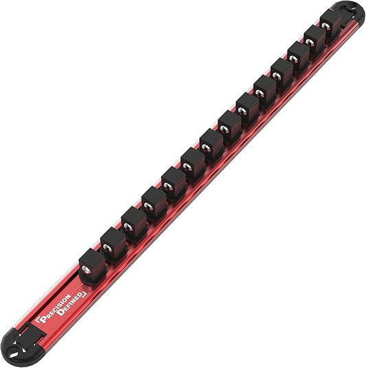 Precision Defined Aluminum Tool Socket Holder | Red, Single 1/2-Inch Socket Organizer x 14 Clips | Heavy Duty Socket Rails Organizer, Socket Storage, Socket Tray 360 Rotation