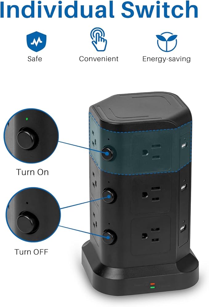 Power Strip Tower by KOOSLA, [15A 1500J] Surge Protector - 12 AC Multiple Outlets & 6 USB Ports, Flat Plug 14 AWG Heavy-Duty Extension Cord 6.5ft, Home Office Supplies, Dorm Room Essentials Black