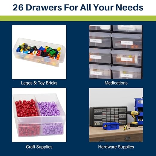 Akro-Mils 10126 26-Drawer Plastic Drawer Storage Cabinet for Garage Organization, Bead Organizer, Lego Storage, Teacher Toolbox, Makeup Organizer, and More, 20-Inch W x 6-Inch D x 10-Inch H, Yellow