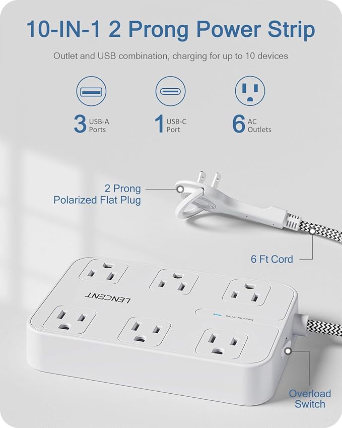 LENCENT 2 Prong Power Strip, 3 to 2 Prong Outlet Adapter, Two Prong Surge Protector, 6ft Braided Extension Cord with Thin Flat Polarized Plug, 6 AC&4 USB(1 Type-C), Wall Mount for Non-Grounded Outlet