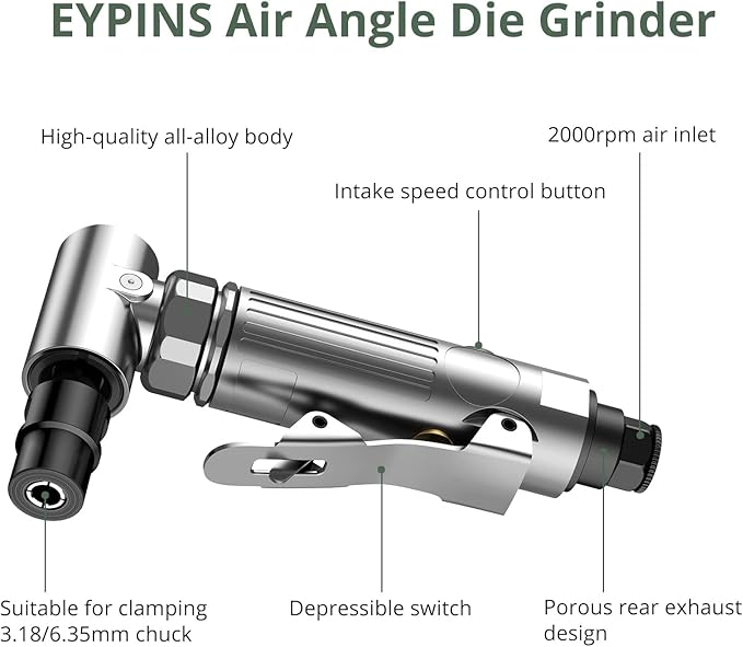 EYPINS Compressed Air Angle Die Grinder 1/4" 90 Degree Mini Sander Grinder Polisher Tool Set with Grinding Stones and Sanding Discs for Contour Grinding, Polishing, Milling