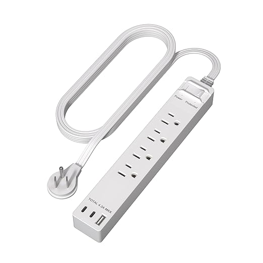 LIDER Outlet Extender with 4 Receptacles, USB Type-A and 2 USB Type-C, Ultra-Thin Flat-Plug with Cord Extender, 4-Outlet Power Strip, Slim Angled Design, Surge Protector, 720 Joules, 5ft Cord, White