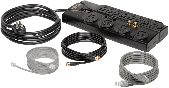Tripp Lite 12 Outlet Surge Protector Power Strip, 8ft Cord, Right-Angle Plug, Tel/Modem/Coax/Ethernet Protection, RJ11, RJ45, & $250,000 INSURANCE (TLP1208SAT) Black