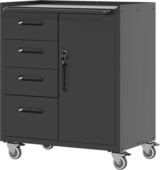 Metal Storage Cabinet with Wheels, Garage Storage Cabinet with 1 Door and 4 Drawer, Rolling Tool Storage Cabinet, Assembly Required, Black