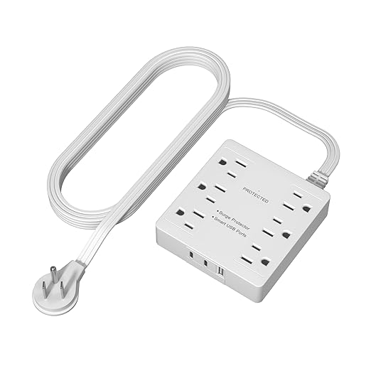 LIDER Outlet Extender with 6 Receptacles, USB Type-A and 2 USB Type-C, Ultra-Thin Flat-Plug with Cord Extender, 6-Outlet Power Strip, Slim Angled Design, Surge Protector, 480 Joules, 5ft Cord, White