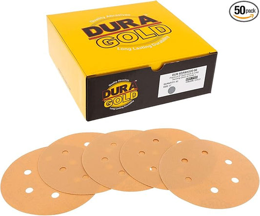 Dura-Gold Premium 320 Grit 6" Gold Sandpaper Discs, 6 Hole Pattern Dustless, Box of 50 - Hook & Loop Backing for DA Sander, Finishing Fine Cut Sanding Abrasive Automotive Paint, Woodworking Wood Metal