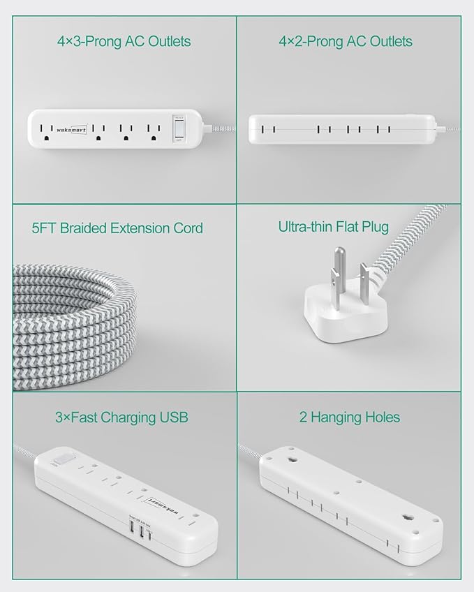 Surge Protector Power Strip - 5 FT Flat Extension Cord with Multiple Outlets Ultra Thin Flat Plug, 8 AC Outlets 3 USB Fast Charging (5V/3.4A 17W) 1080 Joules Wall Mount for Home Office College Dorm