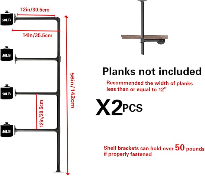 Industrial Wall Mount Iron Pipe Shelf Bracket,Retro DIY Open Bookshelf,Storage Shelves, Ceiling Hung Shelves for Home Kitchen Bathroom Living Room Office(2PcsX4Tier,56" Tall,12" deep,Hardware Only)
