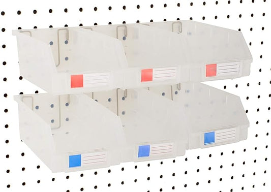 Pegboard Bins – 6 Pack Clear Extra Large - Hooks to Any Peg Board - Organize Hardware, Accessories, Attachments, Workbench, Garage Storage, Craft Room, Tool Shed, Hobby Supplies, Parts