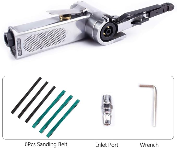 Air Belt Sander Grinder 3/8'' x 13'' with 6Pcs Belts (#60,#80,#120) For Polishing Plastic, Aluminium, Iron, Steel and Metal