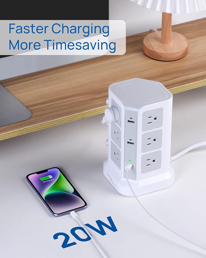KOOSLA Dual 20W USB-C Power Strip Tower, Surge Protector Power Strip, Power Tower with USB Ports and Widely Spaced AC Outlets,1875W/15A, Charging Tower with 6.5ft Heavy-Duty Extension Cord White