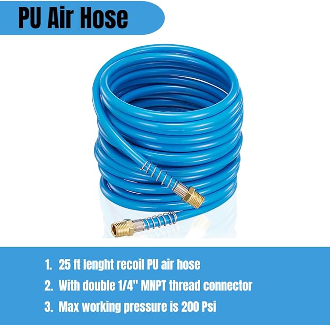1/4'' Quick-connect Air Accessory Kit - Pneumatic Air Compressor Hose Tool Set Including 25ft. Coiled Hose, Blow Gun, Tire Gauge, Air Nozzle, Air Compressor Accessories for Air Inflation and Dedusting