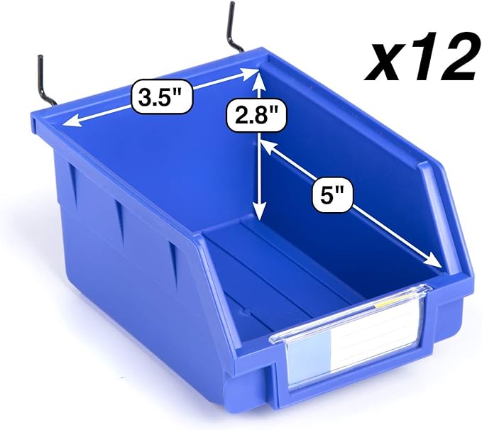 Pegboard Bins - 12 Pack Blue Large - Hooks to Any Peg Board - Organize Hardware, Accessories, Attachments, Workbench, Garage Storage, Craft Room, Tool Shed, Hobby Supplies, Small Parts