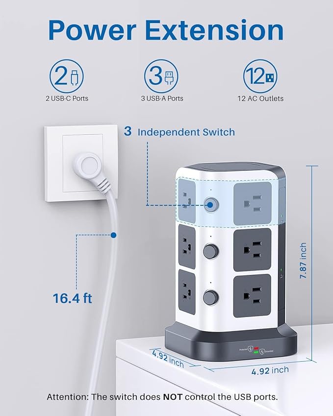 KOOSLA Power Strip Tower with 2 USB C, 1500J Surge Protector with 12 Outlets& 5 USB(1875W/15A), 16.4 ft Extension Cord with Multiple Outlets, Office Desk Supplies, Dorm Room Essentials, Gray