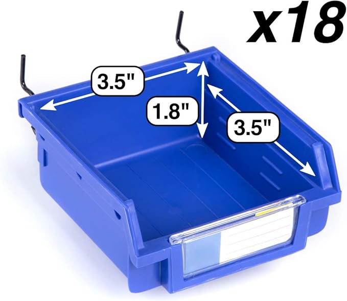 Pegboard Bins – 18 Pack Blue - Hooks to Any Peg Board - Organize Hardware, Accessories, Attachments, Workbench, Garage Storage, Craft Room, Tool Shed, Hobby Supplies, Small Parts