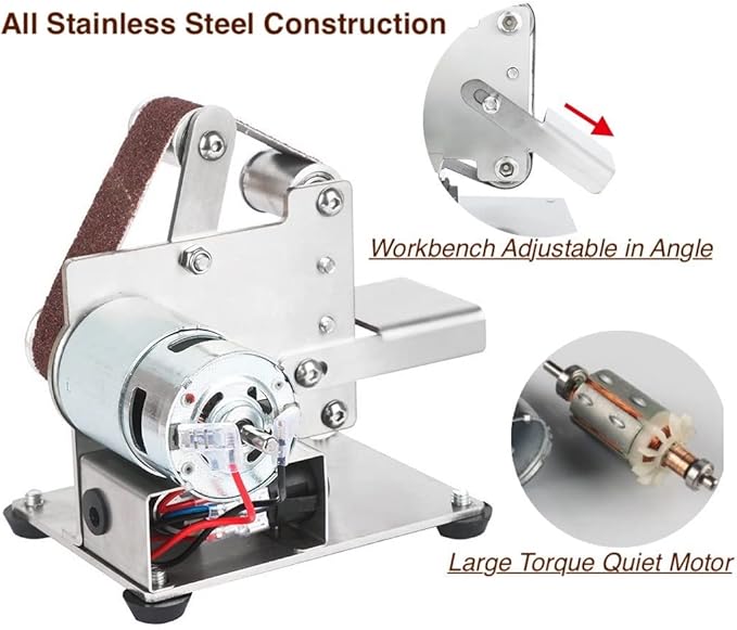 Electric Belt Sander for Woodworking, Mini Belt Sander for Metal Plastic Working DIY Small Projects, 7 Speed Regulation, Angle Adjustable Belt Knife Sharpener with 10pcs Belts and Dust Shield