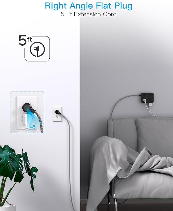 Power Strip Surge Protector, 8 Outlets with 4 USB Charging Ports(2 USB C), 3 Side Outlet Extender with 5 Ft Braided Extension Cord, Flat Plug, Wall Mount, Desk USB Charging Station for Home Office ETL