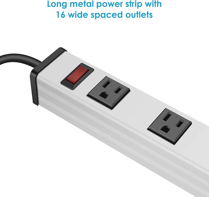JUNNUJ Long Metal 16 Outlet Power Strip, Wide Spaced Garage Industrial Heavy Duty Power Strip with 10 FT Cord 15A, 125V, 1875W-Silver