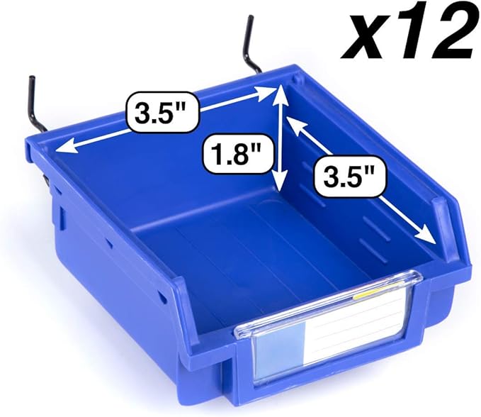Pegboard Bins - 12 Pack Blue - Hooks to Any Peg Board - Organize Hardware, Accessories, Attachments, Workbench, Garage Storage, Craft Room, Tool Shed, Hobby Supplies, Small Parts