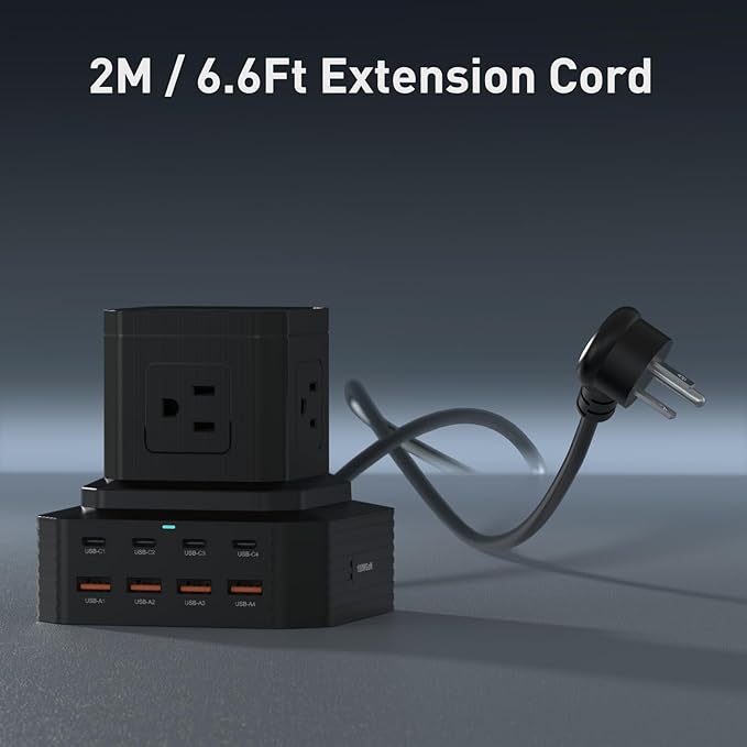 Charging Station (100W), 13-in-1 USB C Power Strip with Surge Protection, 6.6Ft Extension Cord, 4 USB C and 4 USB A Ports, 5 AC Outlets for Home Office Dorm Room