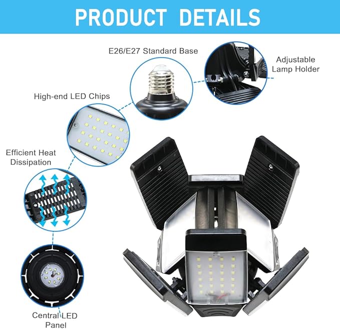 2-Pack LED Garage Lights, 250W Garage Light, 25000LM Garage Lights Ceiling Led Bulb with 8+1 Adjustable Panels, Garage Led Light Fixtures, LED Shop Light for Basement Workshop Attic (8+1P 2Pack)