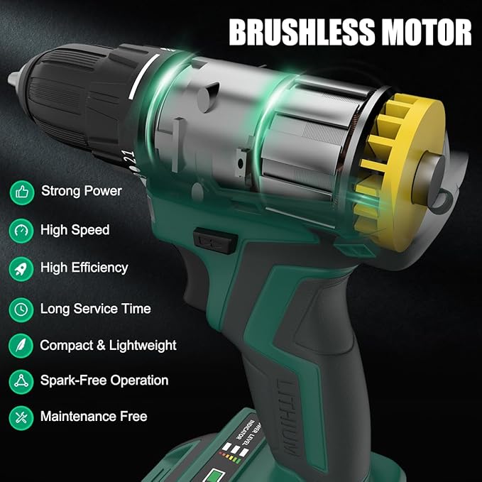 20V Cordless Drill, Brushless Power Drill Set with 2 Batteries and Charger,3/8-Inch Chuck Electric Drill Driver,22 Torque Setting,Drill/Driver Bits and Tool Bag Included